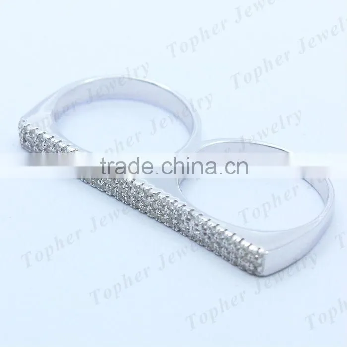 Two finger ring designs in 925 silver fashion zircon two finger ring wholesale