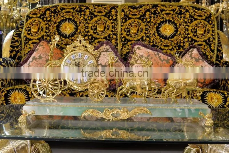 Antique 24K Gold Plated Deer Pulling Cart Table Clock, Marble Base Design Copper Table Clock