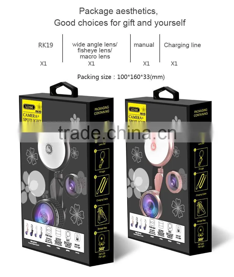 Wholesale Beauty RK19 selfie ring light Mobile phone 2 in 1 fisheyes lens Led fill light