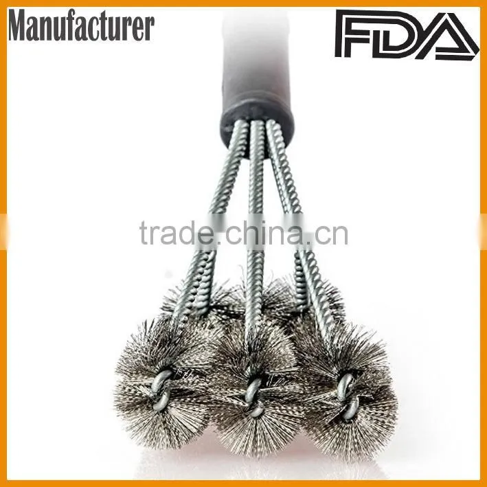 Triple grill brush ,BBQ cleaning tool stainless steel plastic handle brush