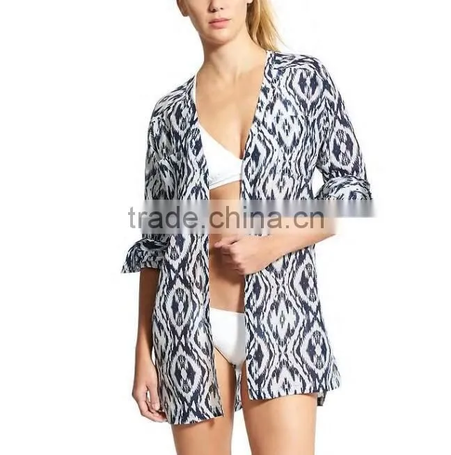 Swim Cover Up Women Lightweight Cotton Button-Down Shirt Dress Printed Kaftan Casual Long Sleeve Beach Wear Cover Up
