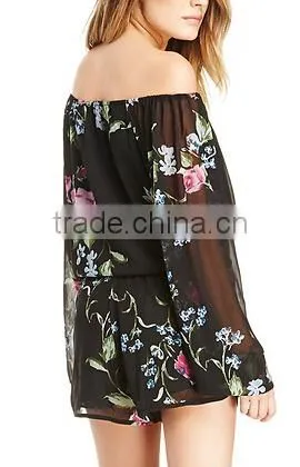 Women Sexy Illusion Ruffle Romper Long Sleeve Short Floral Off The Shoulder playsuit