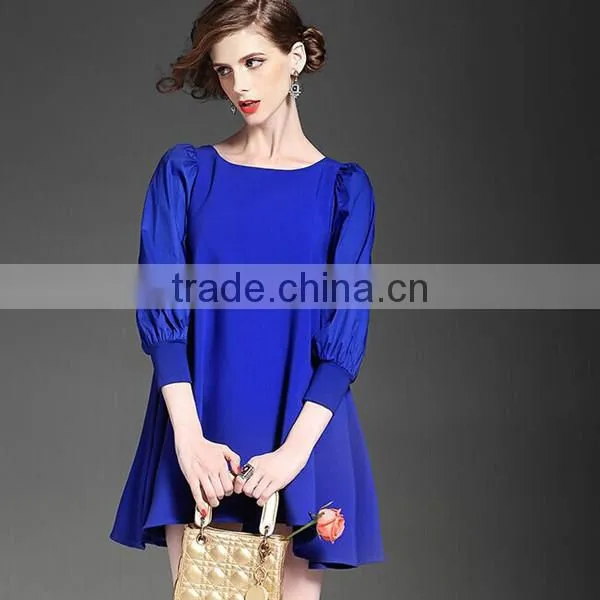 Women elegant bracelet sleeve round neck satin blue color high waist short dress