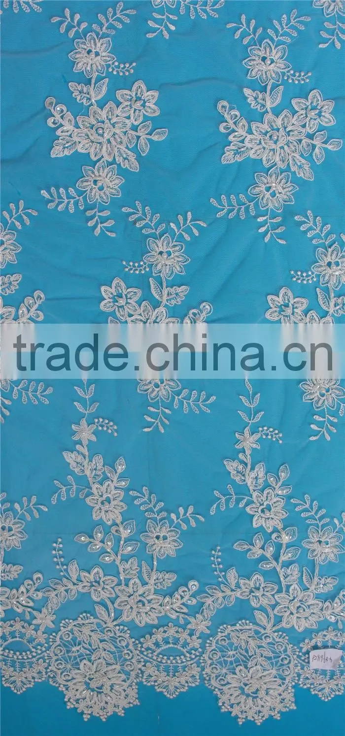guangzhou african lace embroidery pearls sequin beaded lace fabric with rhinestone