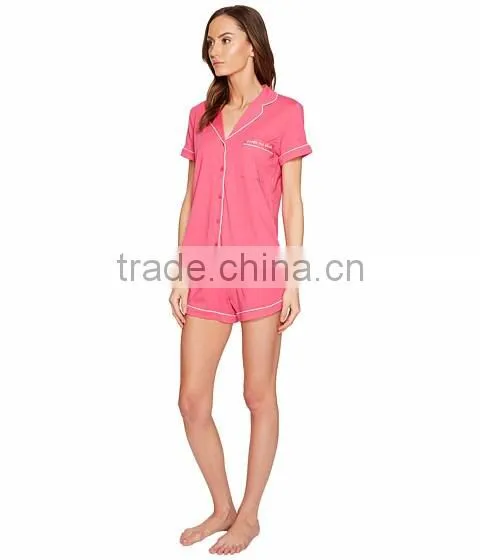 Pink Short Pyjamas Set Contrast Piping New York Pajamas Sleepwear Clothing Short Sleeves And Short Pants Shirttail Hem Nightwear