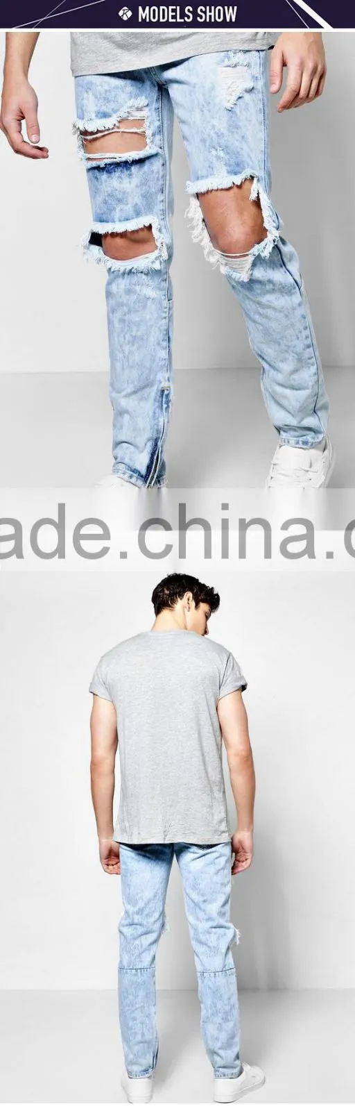 Lastest men's broken holes denim jeans skinny men ripped ankle zipped jeans trousers