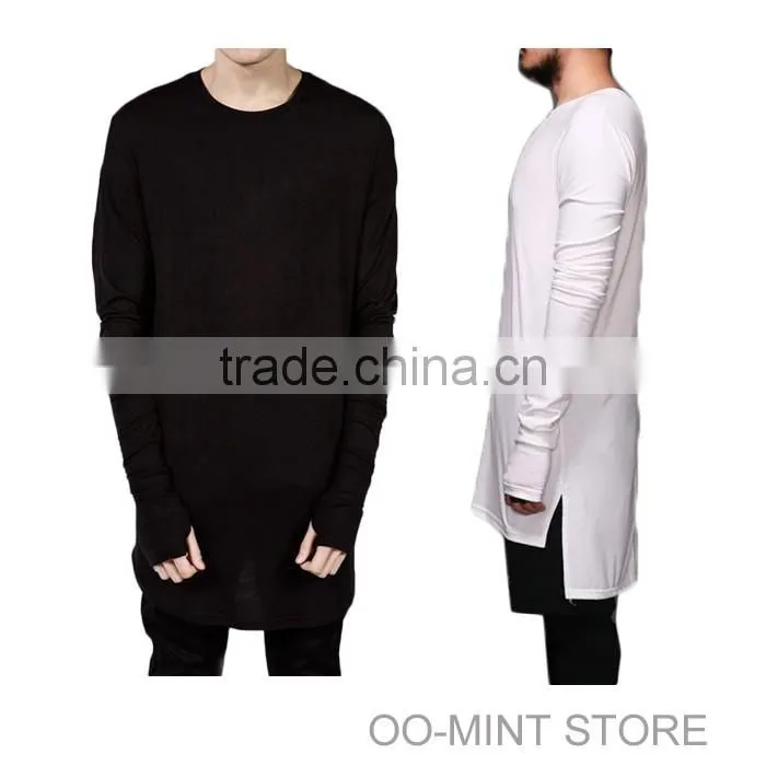 New Thumb Hole Cuffs Long Sleeve Man High Low Side Split Hip Hop Top Tee T Shirt Crew T-shirt