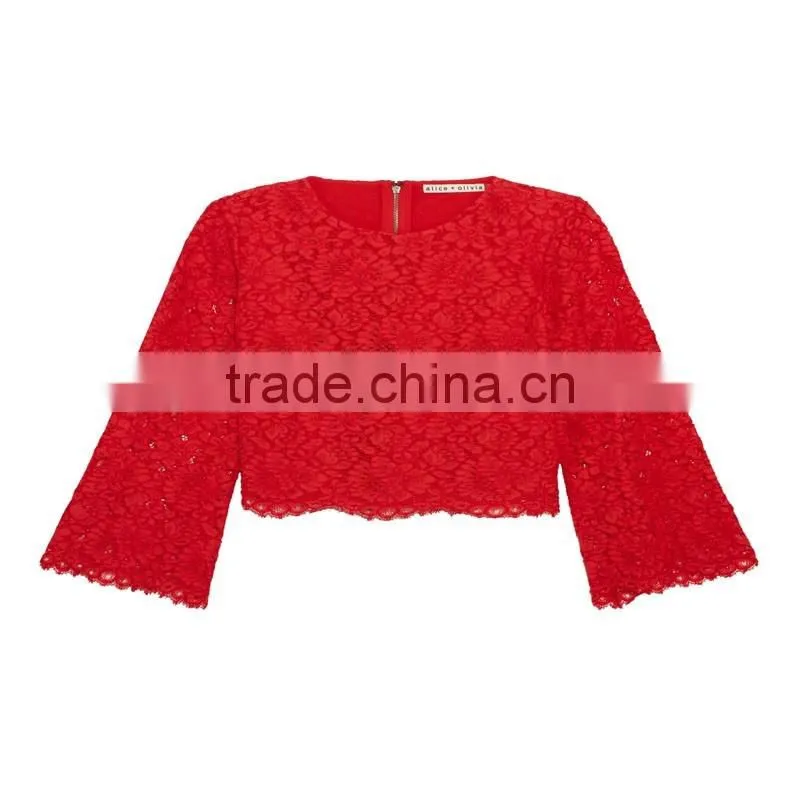 Latest spring design fashion red lace blouses for ladies elegent long sleeve women tops