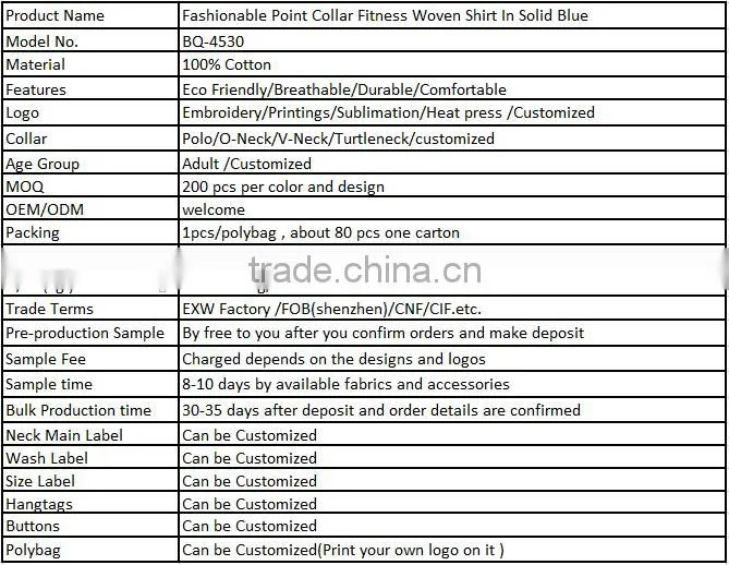 Fashionable Point Collar Fitness Woven Shirt In Solid Blue