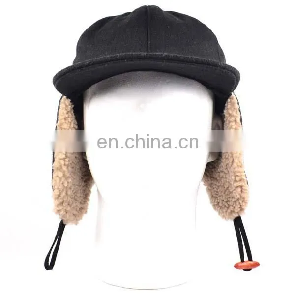 Custom Flat Brim Baseball Cap With Ear Flaps Fashion Men Black Snow Cap