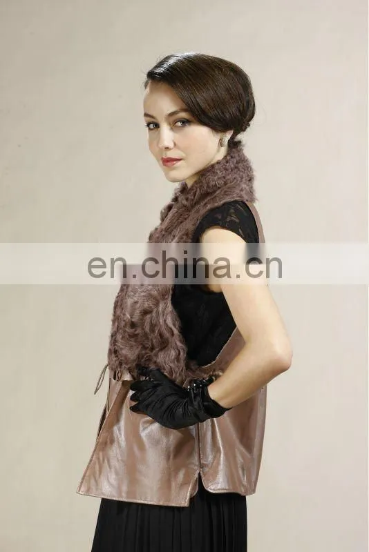 Brown Lamb Fur Fashion Women Gilet With Real Lamb Lether Trim New Fashion Women Real Fur Gilet STY.NO. 5003#
