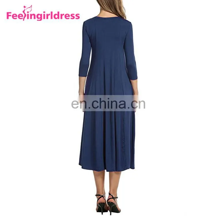 Latest Design Women Blue Long Sleeve Plus Size Autumn Midi Casual Dress