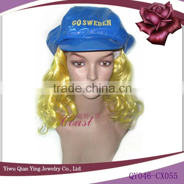 Blue party hat with hair wig attachmed for adults