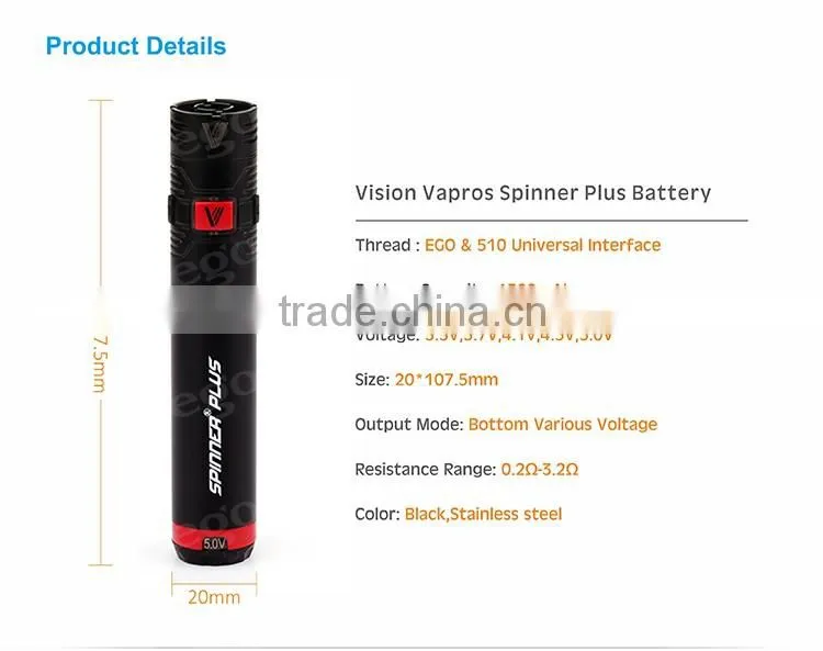 e Vape 1500mAh EGO & 510 Vision Vapros Spinner Plus Battery, Hot selling Vision Spinner