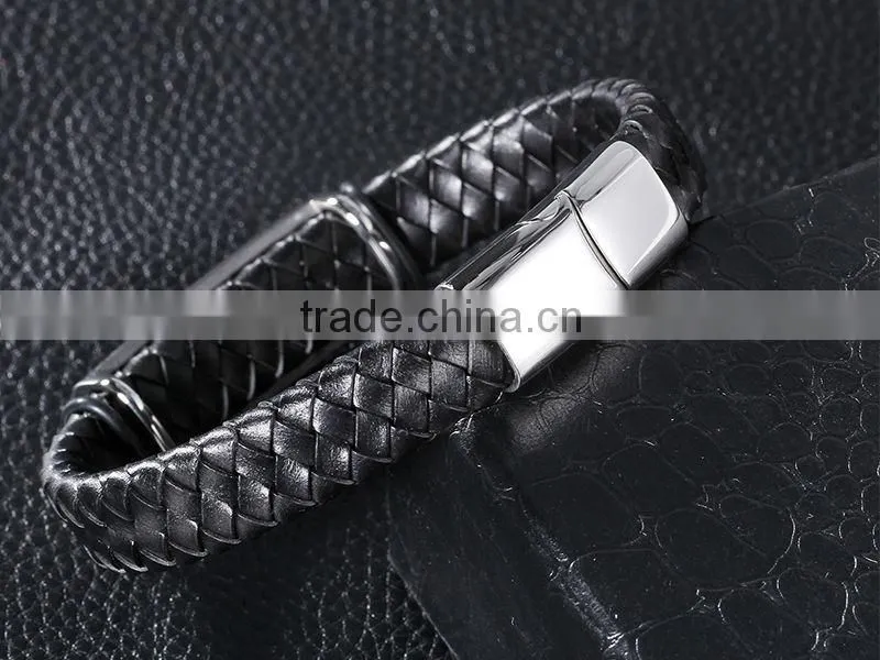 Latest Design Wide Braided Leather Bracelet Men Black Genuine Leather Bangle 316L Stainless Steel Magnetic Clasp