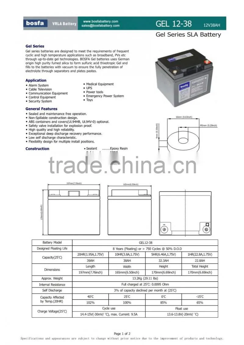 rechargeable battery cell 12v38ah battery for solar generating system