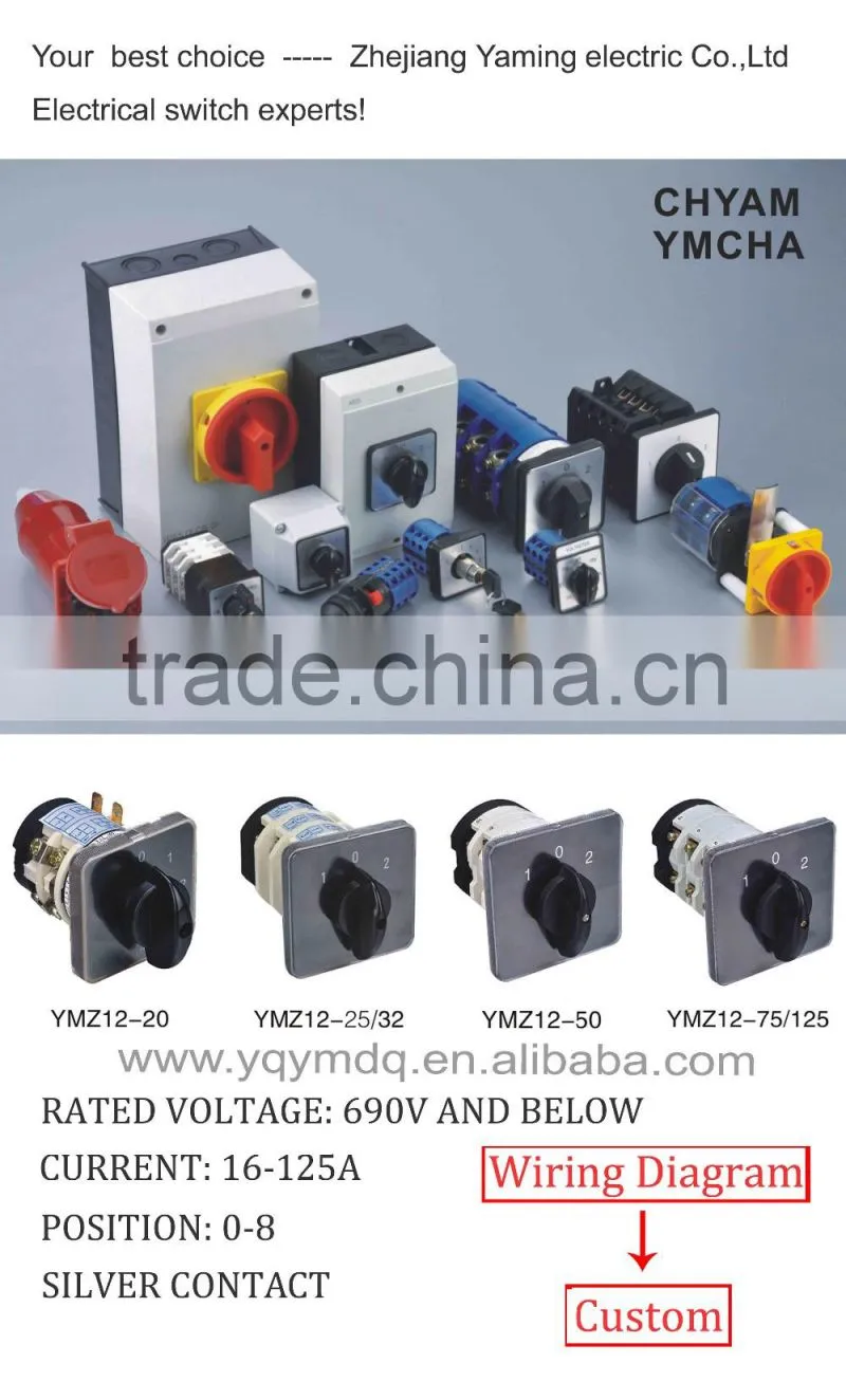 Cam switch YMZ12 series white black changeover combination rotary switch 0-8 positions 16-125A Ui 690V sliver point contacts