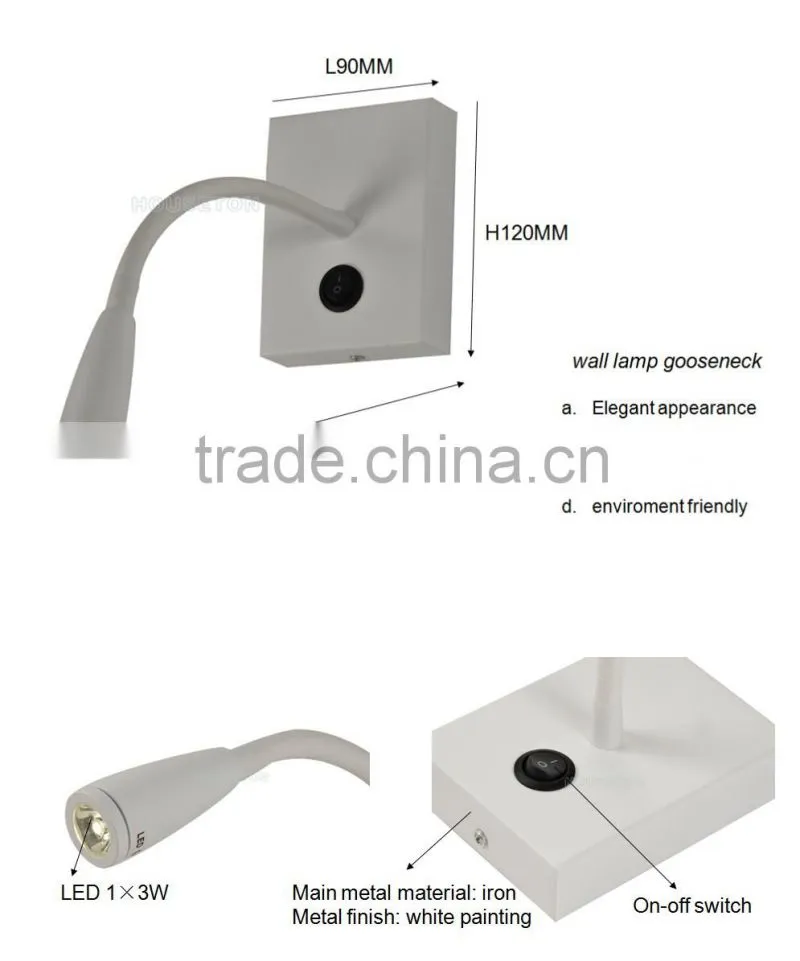 White painted gooseneck hotel bedside led reading light,Hotel bedside led reading light,Bedside led reading light WL1078