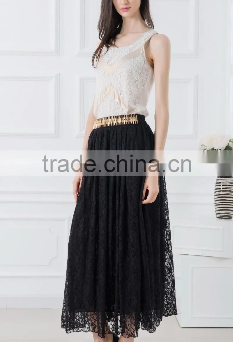 OEM Cheap price metalic lace suits designs tank tops with lace maxi skirt black woman casual wear