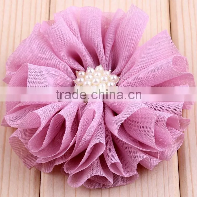 hot cutting chiffon flower with pearl bead center for kids hair accessories