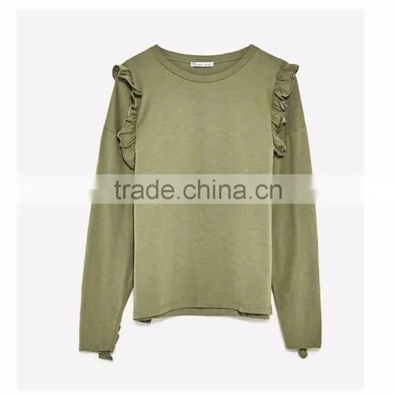 Women Fashion Long Sleeve Frilled T-shirts Tops Printed Round Neck Tops Blouses