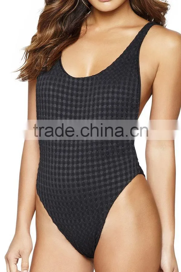 ladies navy textile cut out back one-piece swimwear