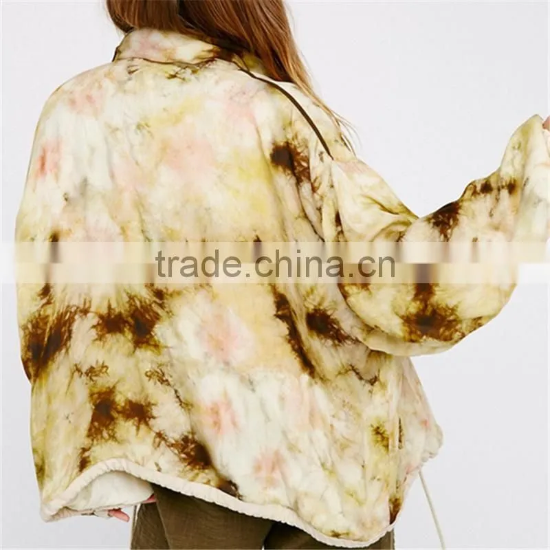 2017 oem women tie dye spread collar coat with drawstring waist
