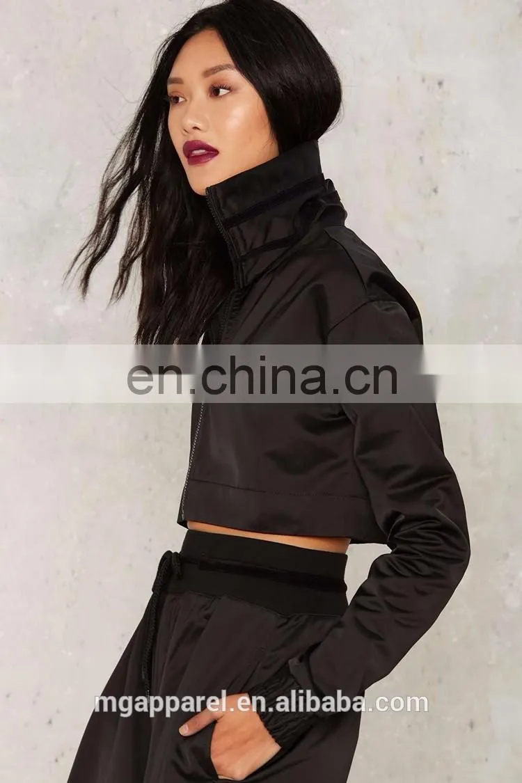 Wholesale woman coats and jackets, women high neck black track jacket