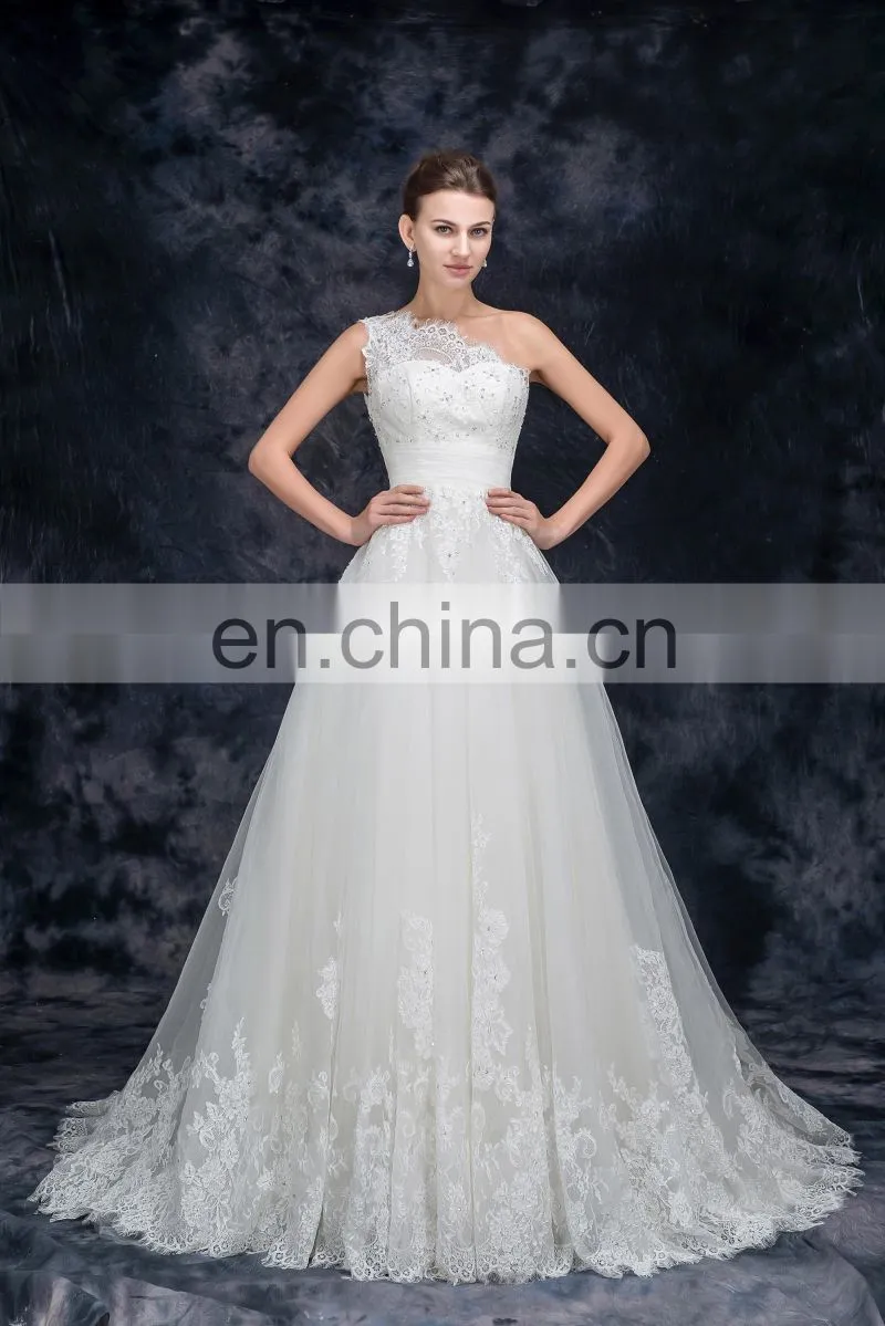 One Shoulder Tulle french Lace Bridal Dresses Elegant Beaded weeding dresses