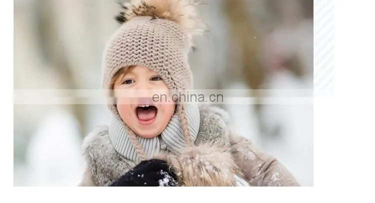 Kids Winter Knitted Hats Children Three Fur Pom Poms Hat Baby Hat With Hair