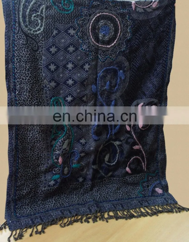 100% Wool jamawar shawl with fancy wool embroidery