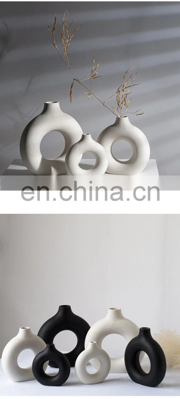Black Circular Hollow Ceramic Vase Donuts Nordic Flower Pot Home Decoration Accessories Office Living Room Interior Decor