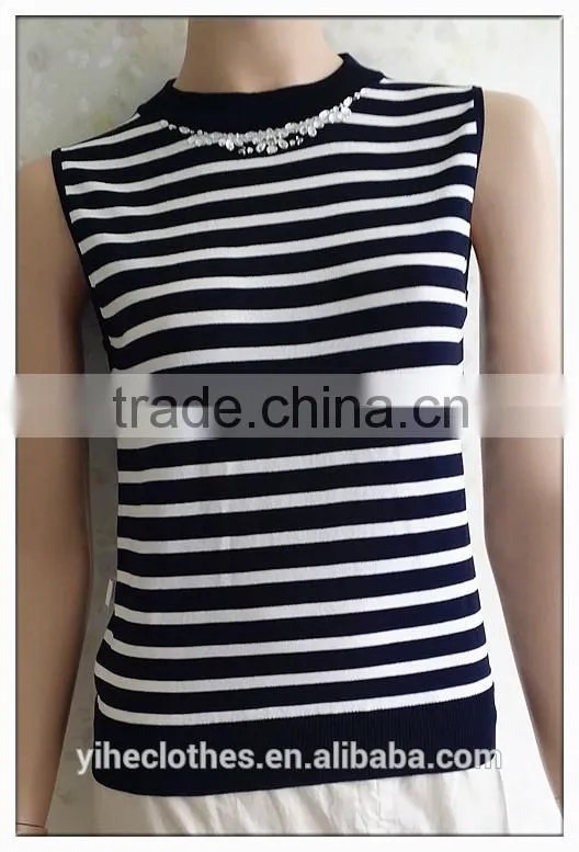 Vintage stripe handmade knitting wear crew neck OL vest