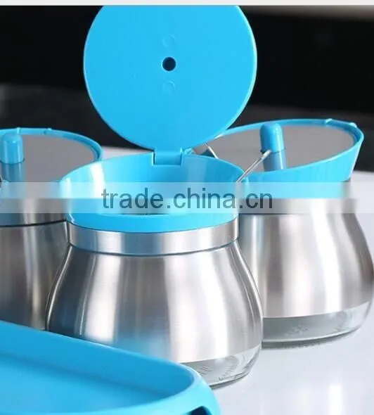 wholesale glass spice jar with metal coating spoon blue