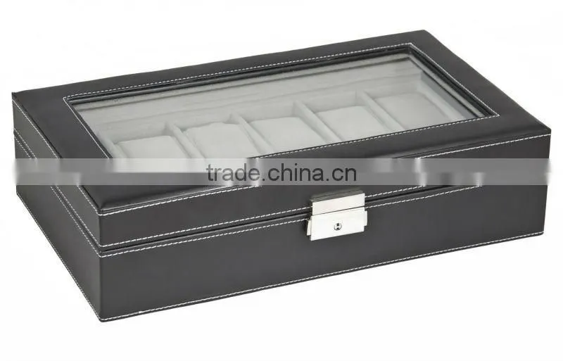 Watch Box Large 12 Mens Black Leather Display Glass Top Jewelry Case Organizer
