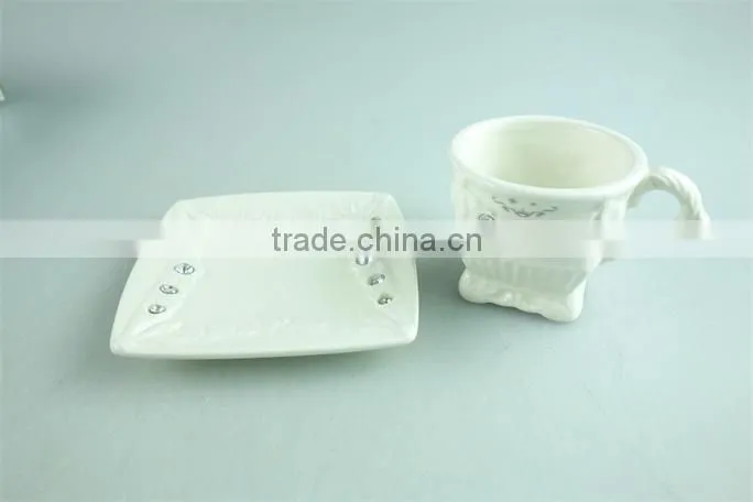 2015 latest design square shape porcelain cup and saucer with crystal,white porcelain cup and saucer set with gold decal
