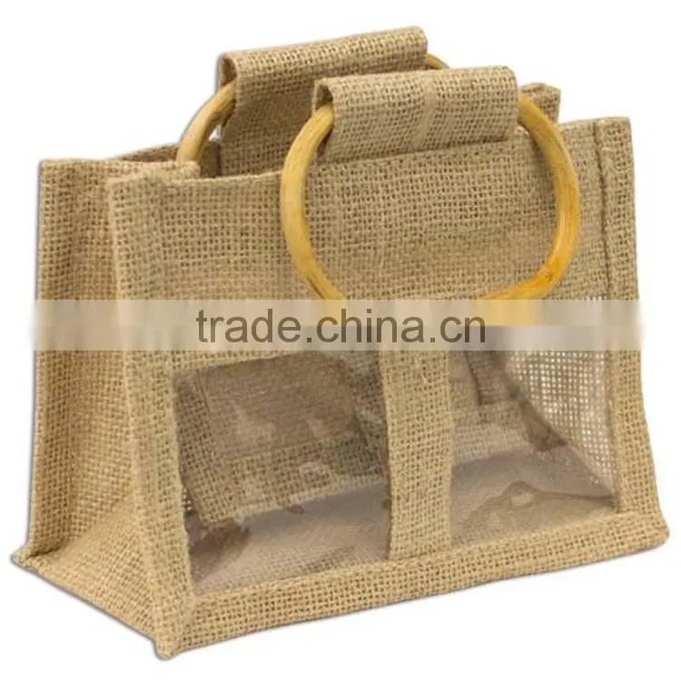 Clear jute bag with window/small jute wine bag with cotton material handle