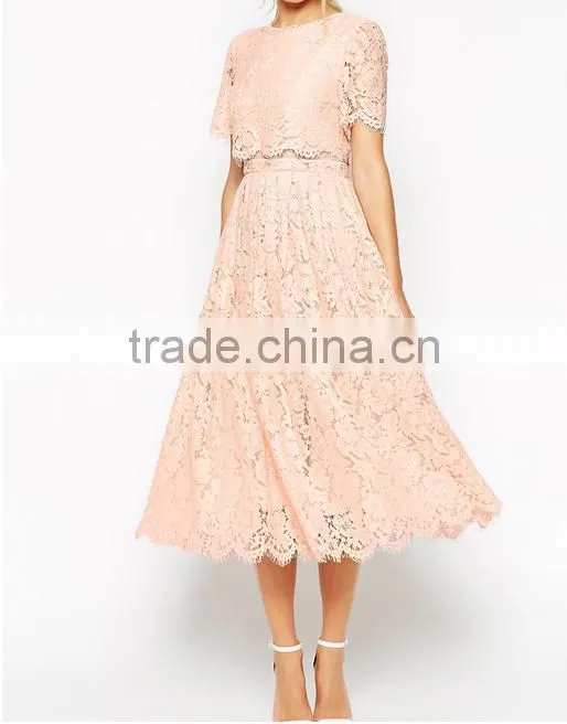 China Guangzhou clothing OEM Scalloped edges Round neckline Crop top Mesh insert Midi women dress
