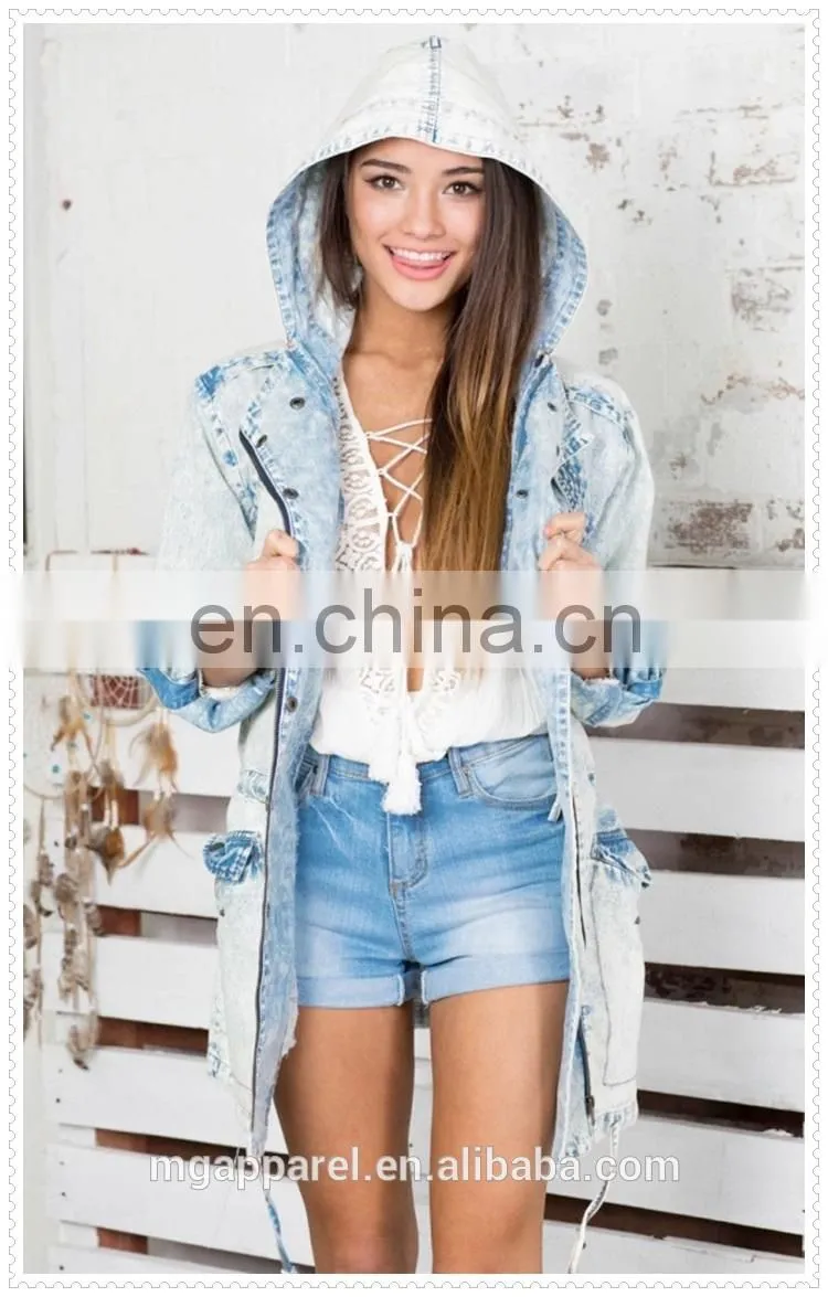 High quality OEM garment oversized casual light blue women trench coat with hood