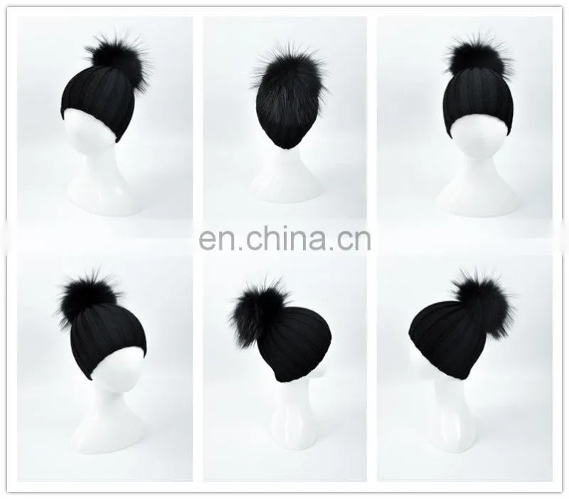 Wholesale New Fashion Hat with Raccoon Fur Ball Hand Knitted Baby Hat