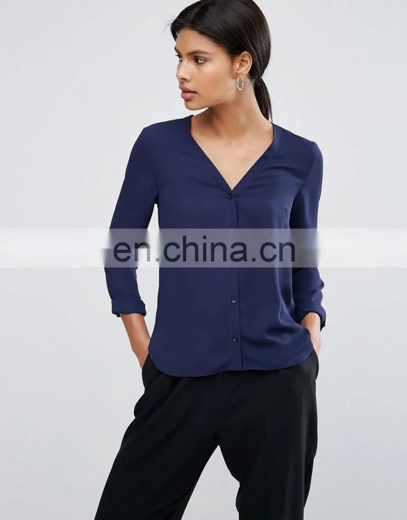 2017 Women's Newest Design OEM Blouse V- Neck Chiffon Blouse Wholesale
