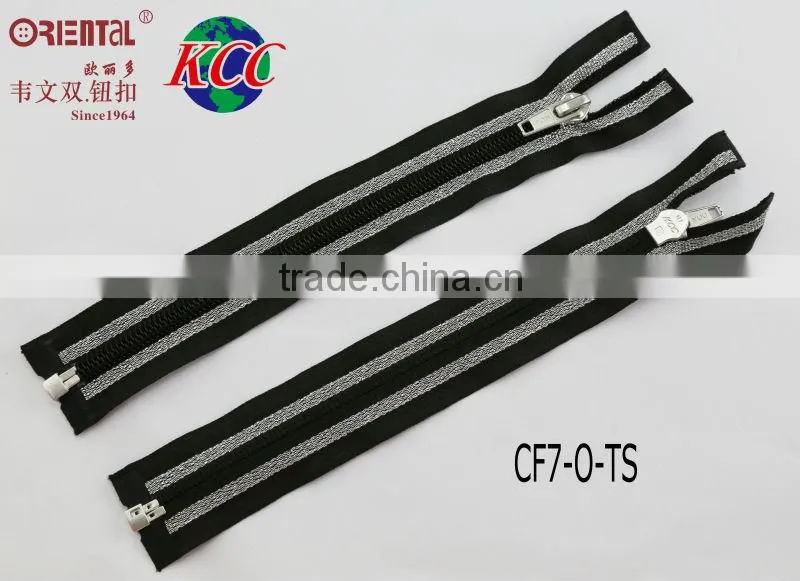 Black teeth open end nylon zipper with lurex tape