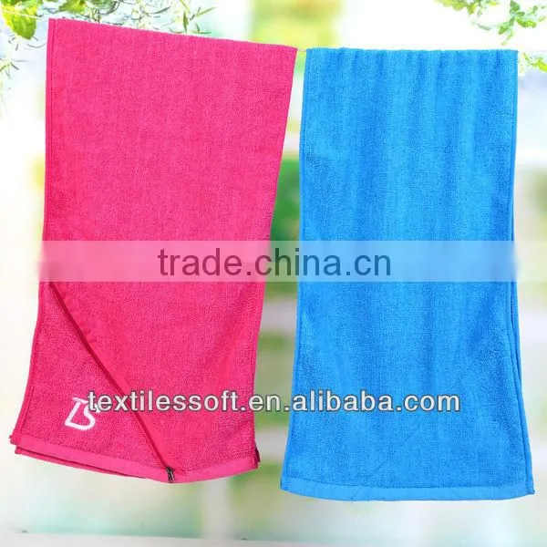 wholesale 100% cotton plain soft zip pocket custom embroidery logo promotional sport towel