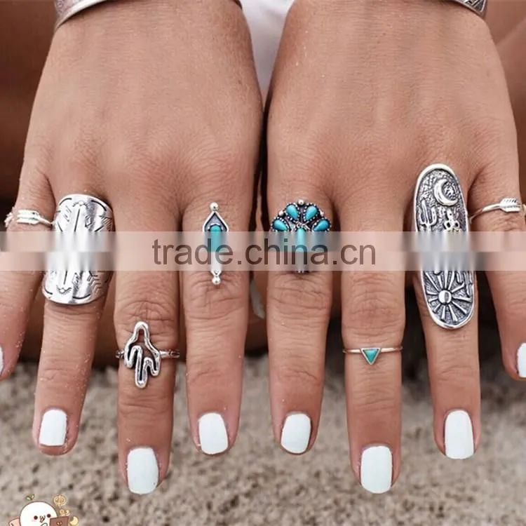 Bohemia Jewelry Set Turquoise Anti Silver Knuckle Carving Ring