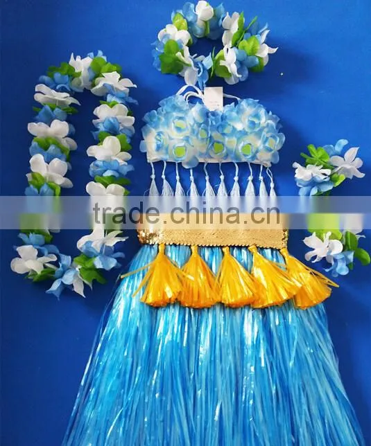 2014 new fashion hawaiian hula skirts with flower trim