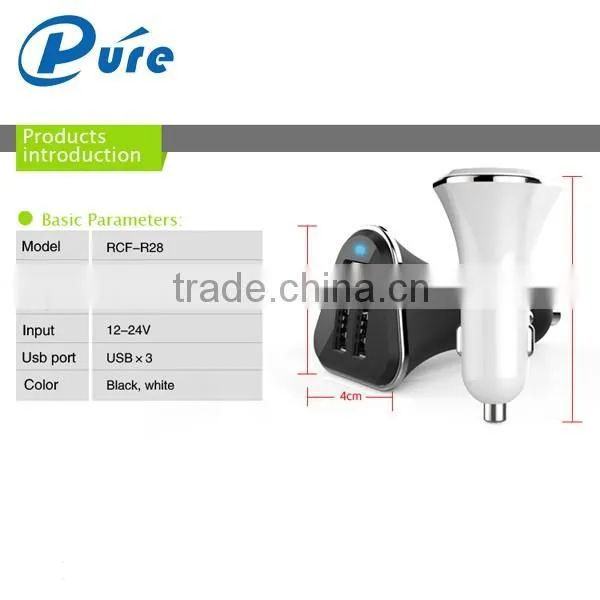 CE FCC RoHS output DC 5.2A high quality 3 usb car charger with blue LED indication, intelligent chip