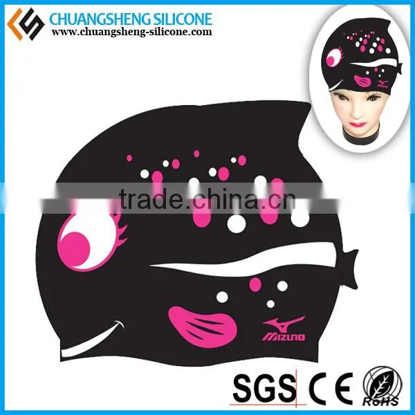 FUNNY SILICONE WATER DROP SWIM CAP WITH CUT EAR AND CARTOON PRINTING