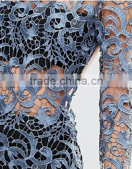 good quality fashion Petrol blue Bandeau underlay Kick split Lace Open Back Dress
