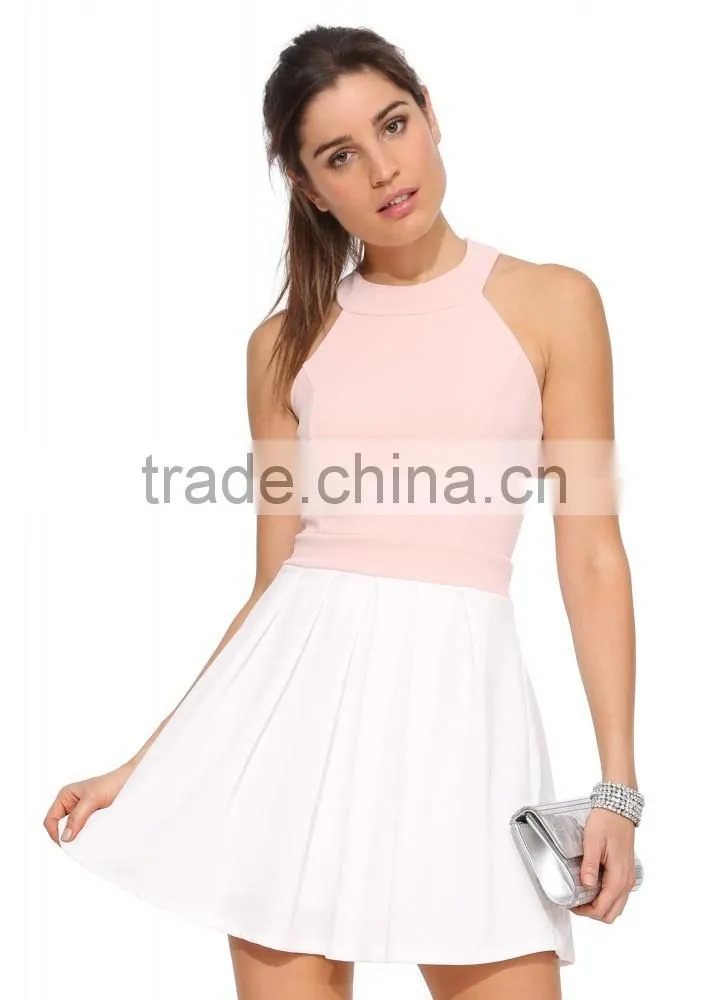 Ladies sweet style back bow round halter neck cross back elegant fit and flare short dress