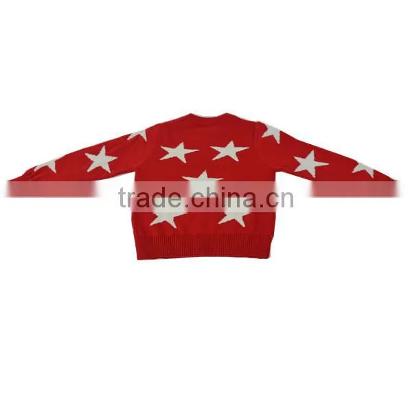 Girl's cotton two-stone jacquard long sleeve pullover sweater